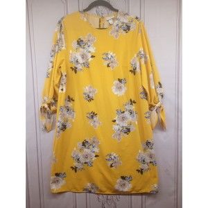 Ava‎ & Viv Dress Women's SZ X Yellow Floral Tie Sleeves 3/4 Length Shift EUC